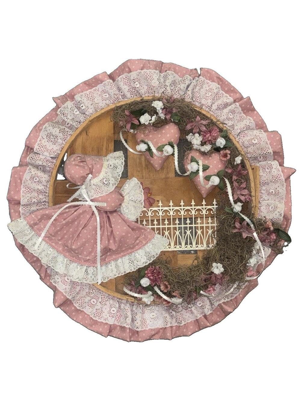 Vintage Country Cottage Core Wreath Pink Fabric Doll Wall Decor whimsical